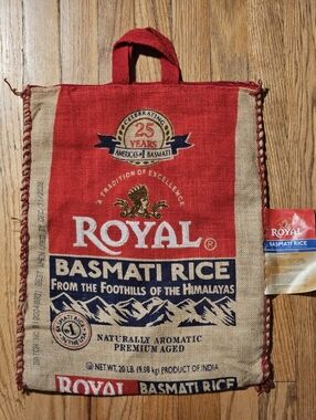 Royal Basmati Rice Burlap Tote Bag - Red & Natural Market Vibe